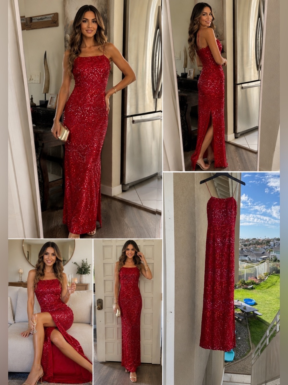Scala gorgeous Red Sequin Dress evening gown side slit
